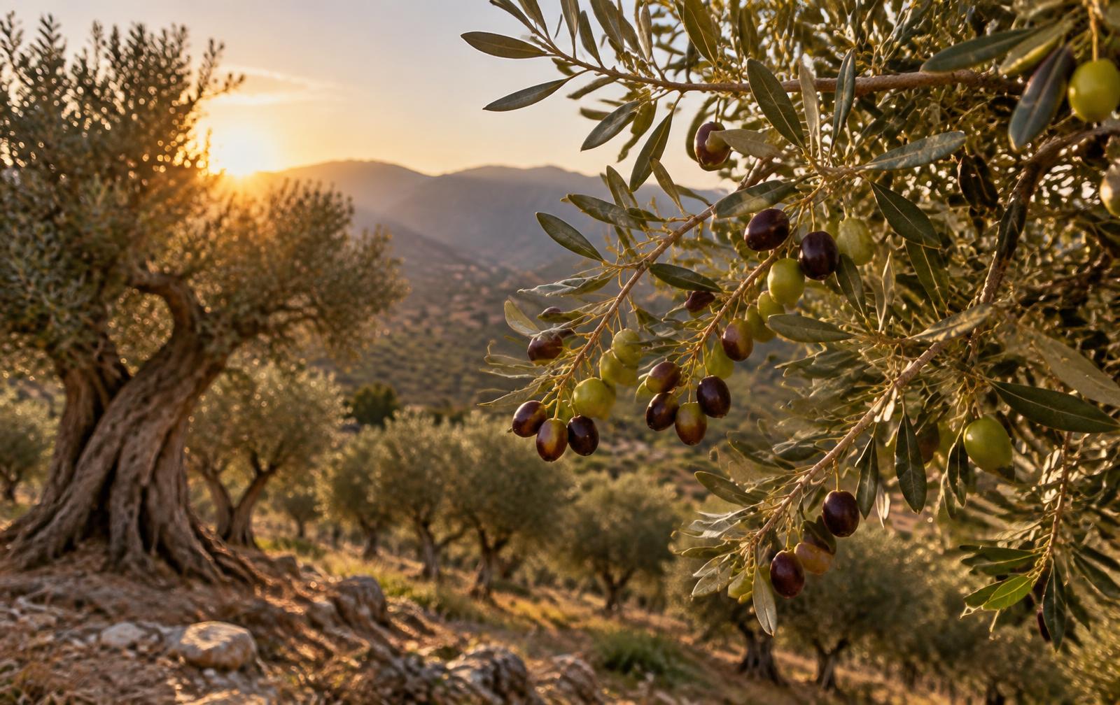 Ελαιώνας με ώριμο ελαιόκαρπο στο χρυσό φως του απογεύματος